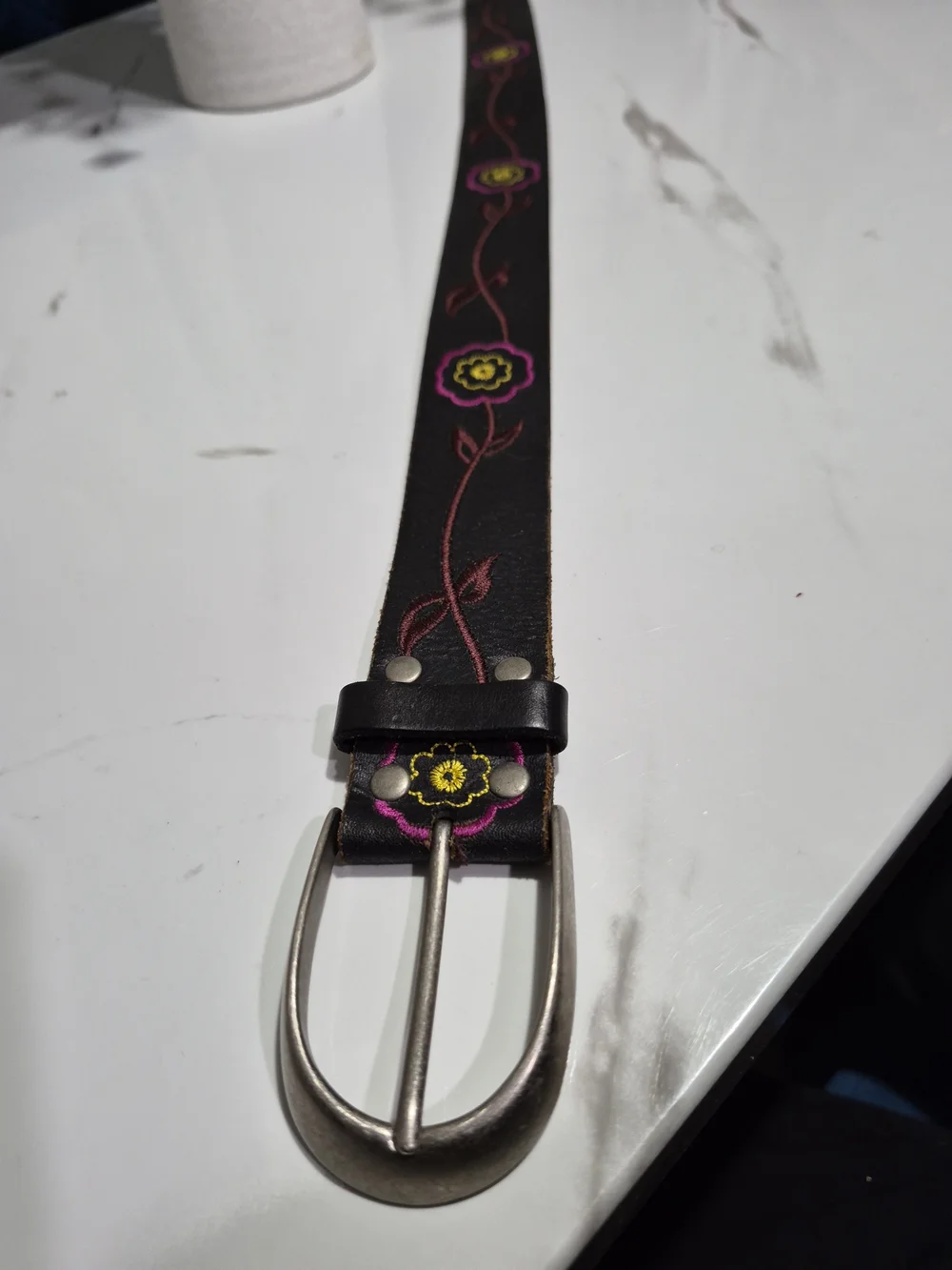 Linea Pelle Black Leather Belt with Pink and Yellow Floral Accent